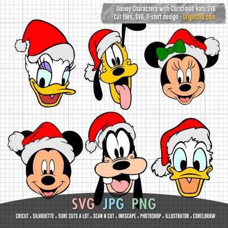 Famous Characters with Christmas Hats SVG Mickey Donald Goofy Minnie ...