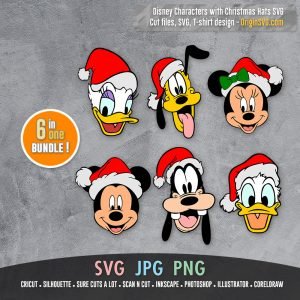 Famous Characters with Christmas Hats SVG Mickey Donald Goofy Minnie ...