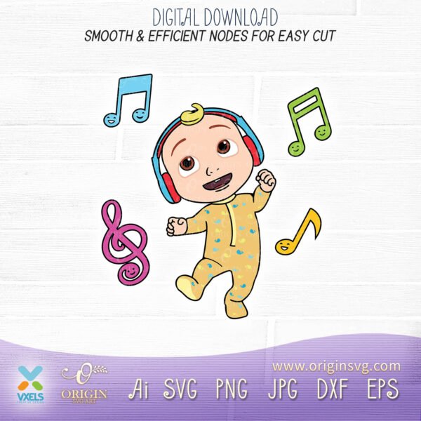 Dancing Cocomelon Baby SVG Listening Song & Headphone Music Node