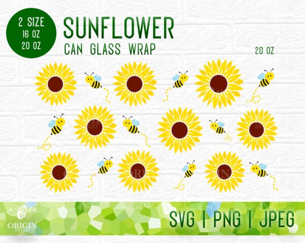 Sunflower Libbey Glass Can 16 Oz and 20 Oz SVG, Glass Can Wrap