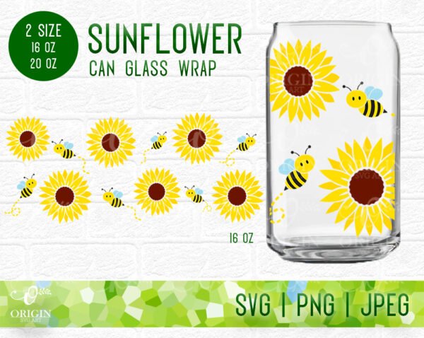 Sunflower Libbey Glass Can 16 Oz and 20 Oz SVG, Glass Can Wrap