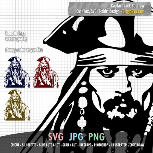 Captain Jack Sparrow Pirates of the Caribbean Silhouette SVG Cut Files ...